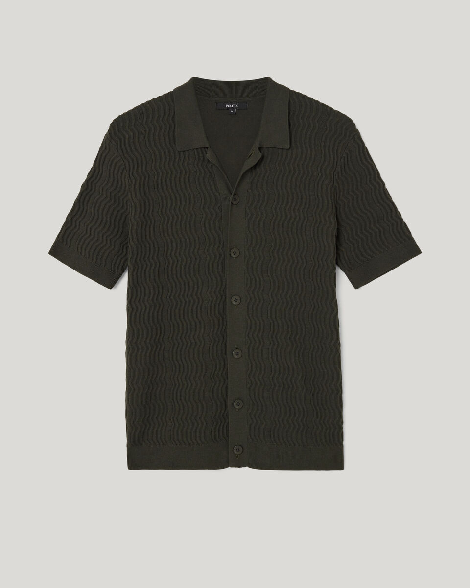 Wave Knit Button Down Short Sleeve Shirt, Khaki, hi-res